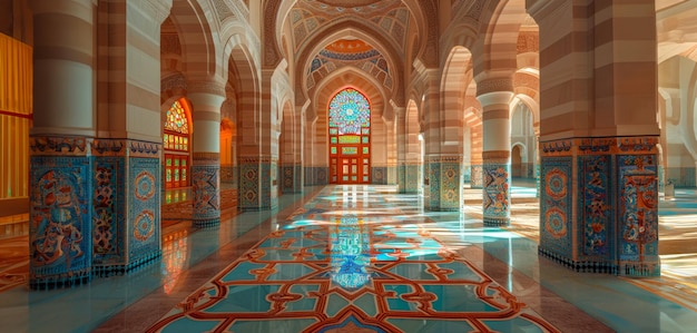 Majestic mosque interior with intricate stained glass and reflective marble floor