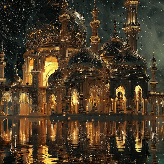 Величественная мечеть рядом с водой с отражением ее сложной архитектуры и красивой луны