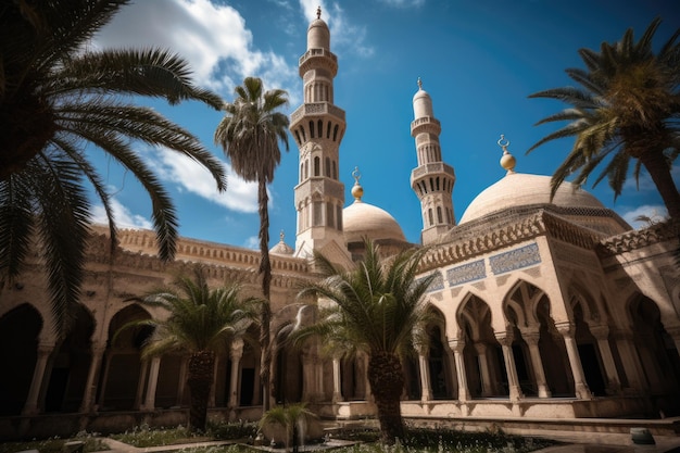 Majestic mosque in an oasis of beauty generative IA