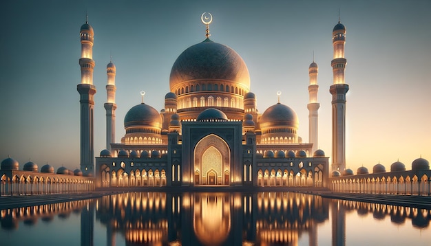 Majestic Mosque Reflection on Water at Twilight Architectonische Grootsheid en Sereniteit