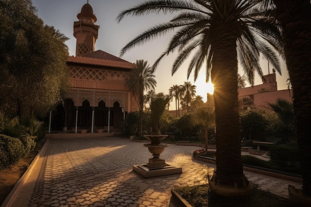 Majestic mosque at sunset worshippers in prayer generative IA