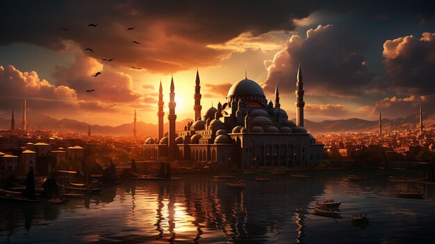 A majestic mosque with tall minarets and domes