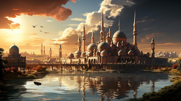 A majestic mosque with tall minarets and domes