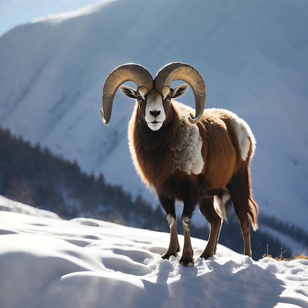 A majestic Mouflon stands atop a snowcovered hill its Orvisstyle horns glinting Ai Generated