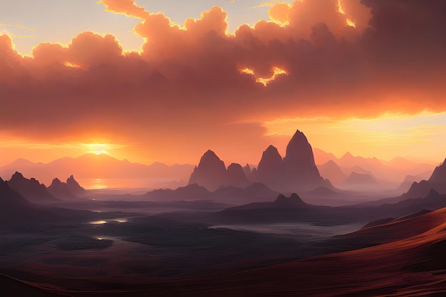 雄大な山の森 湖 砂漠の砂丘 黄金の夕日