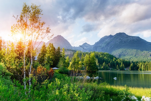 Majestic mountain lake in National Park High Tatra. Strbske ples