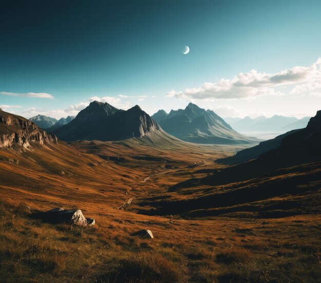 Majestic mountain landscape under a clear blue sky with a crescent moon foregrounded by grassy field