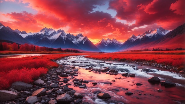 A majestic mountain landscape with a dark starfilled sky a river reflecting the majestic peaks