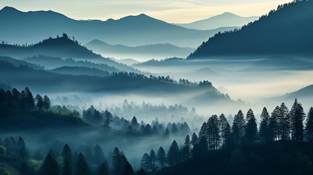 Majestic mountain landscape with fog in the valley Panoramic view