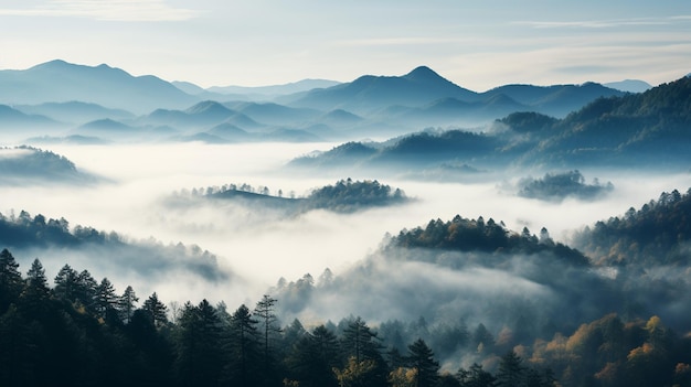 Majestic mountain landscape with fog in the valley Panoramic view