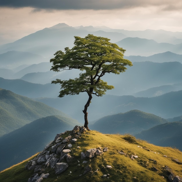 Majestic mountain peak crowned with towering tree