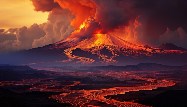 Photo majestic mountain peak erupting creating a dramatic sky generated by artificial intelligence