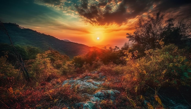 Majestic mountain peak glows orange at sunset generated by AI