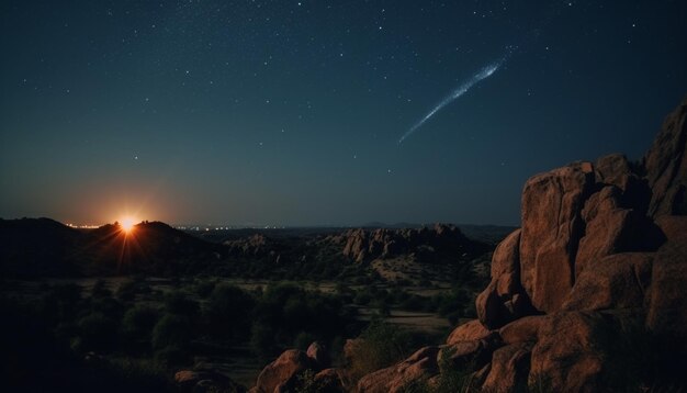 Foto maestosa cima della montagna illuminata dalla scia stellare della via lattea generata dall'intelligenza artificiale