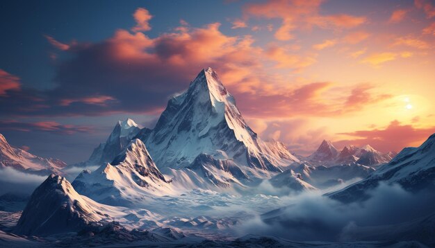 写真 人工知能によって生成されたパノラマ的な日没の壮大な山頂の自然の美しさ