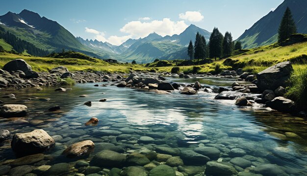 Фото Величественная горная вершина отражается в спокойной текущей воде, созданной искусственным интеллектом.