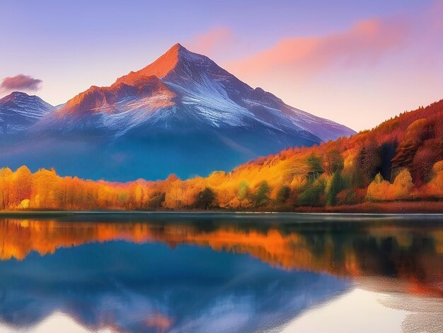 Majestic mountain peak reflects sunset creating tranquil autumn landscape