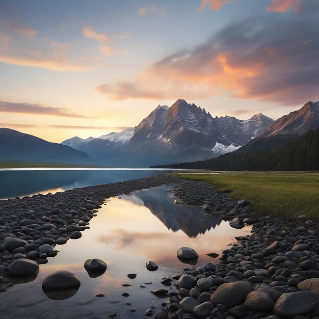 Majestic mountain peak reflects tranquil dusk over waters edge