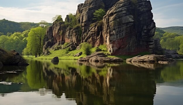 Majestic mountain peak reflects in tranquil flowing water generated by ai