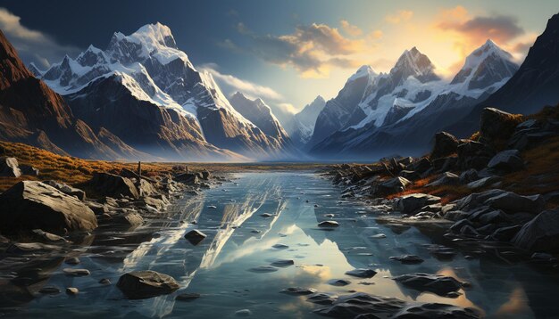 Majestic mountain peak reflects tranquil sunset on icy water generated by artificial intelligence