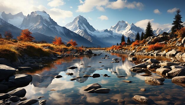 Photo majestic mountain peak reflects tranquil sunset on snowy wilderness generated by ai