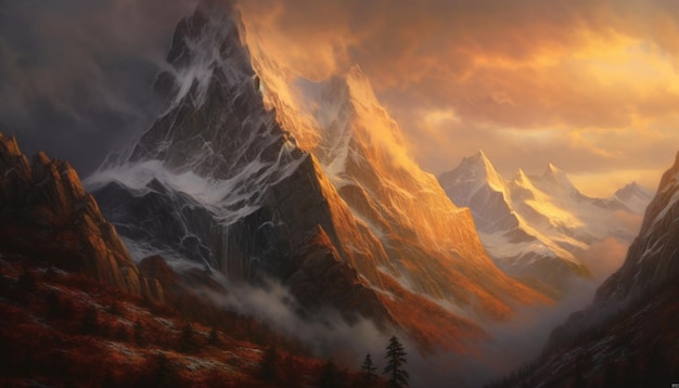 Majestic mountain peak snow capped sunset paints nature panoramic beauty generated by artificial intelligence