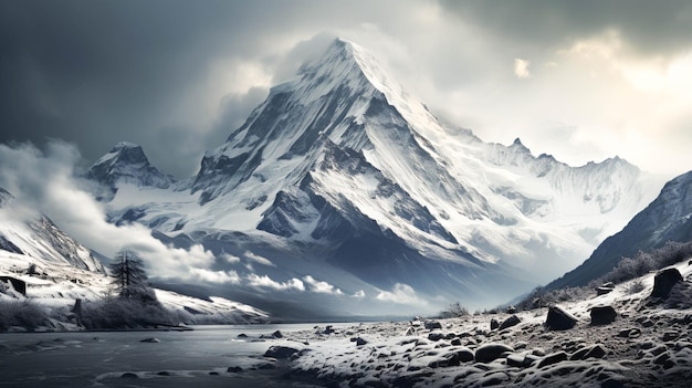 Majestic mountain peak snow covered landscape black and white