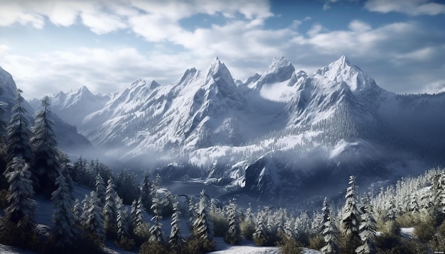 Фото Величественная горная вершина, покрытая снегом, тихий пейзаж, естественная красота, созданная искусственным интеллектом.