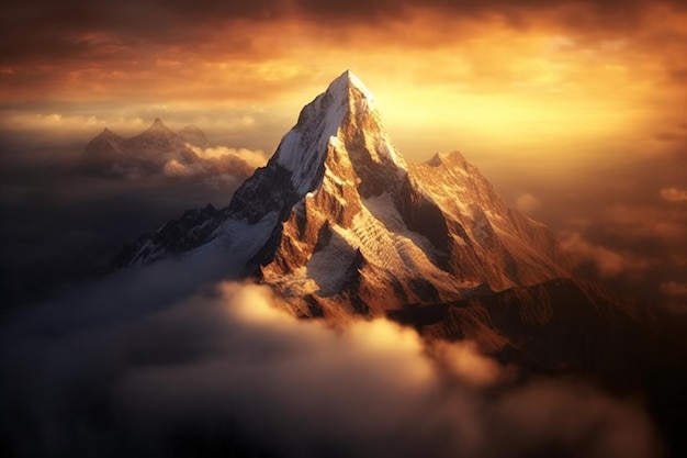 A majestic mountain peak towering above the clouds