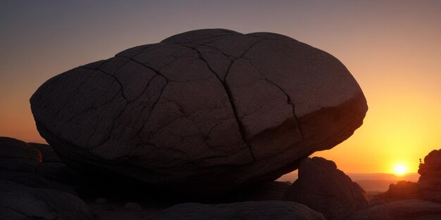 A majestic mountain peak with a massive rock perched on its summit