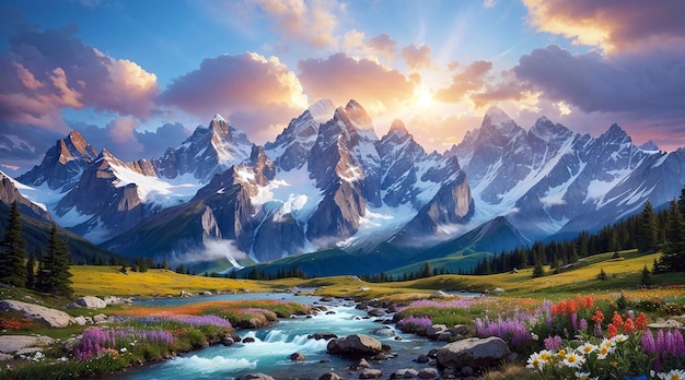 息を呑むような栄光の雄大な山頂 魅惑的な自然の風景イラスト
