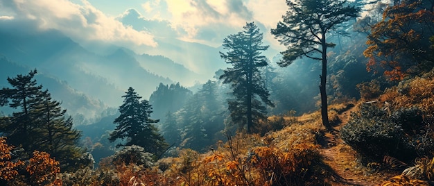 Majestic mountain peaks rising above the misty alpine forest