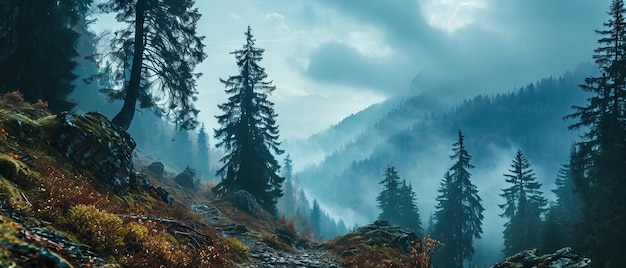 Majestic mountain peaks rising above the misty alpine forest