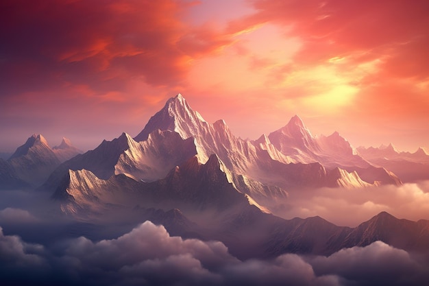 Majestic mountain range bathed in soft rosy light at sunrise
