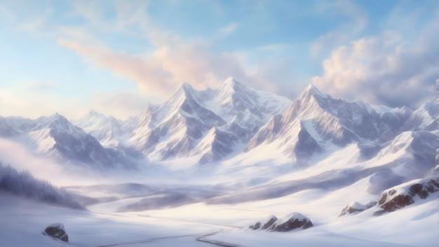 A majestic mountain range blanketed in a blanket of snow with a serene sky above illustration