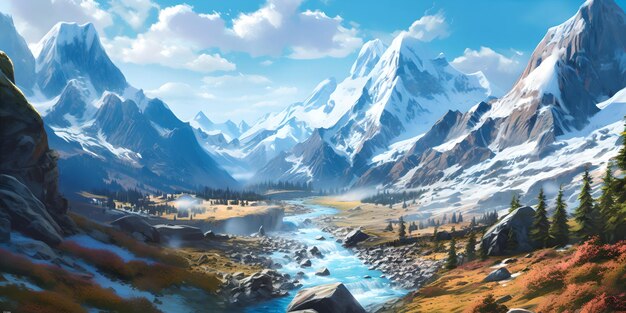 눈 덮인 산봉우리의 장엄한 아름다움 위에 맑고 푸른 하늘과 눈으로 덮인 장엄한 산맥