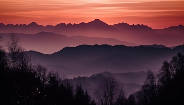 Photo majestic mountain range at dusk tranquil silhouette in panoramic landscape generated by artificial intelligence
