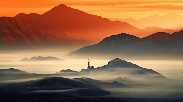 Majestic Mountain Range Enveloped in Mystical Fog with Striking Orange Lighthouse