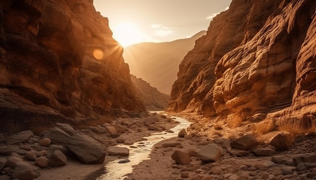 Majestic mountain range eroded rock tranquil riverbed generated by AI