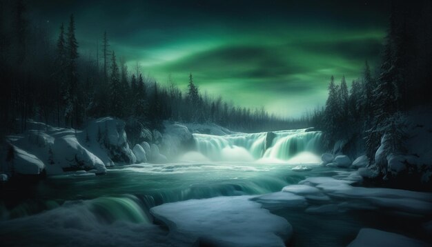 Majestic mountain range frozen waterfall tranquil scene blurred motion arctic fog generated by artificial intelligence