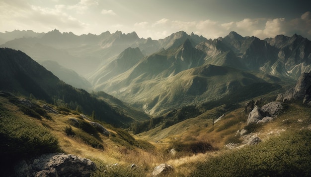 Photo the majestic mountain range offers a tranquil scene for hiking generated by ai