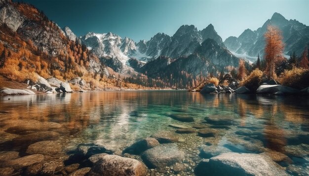 Majestic mountain range reflects in tranquil pond generated by AI