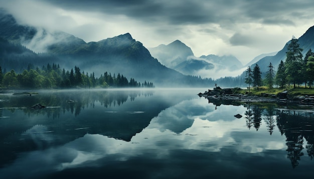 웅장한 산맥은 조용한 연못에서 인공지능에 의해 생성된 자연의 아름다움을 반영합니다.