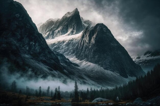 Majestic mountain range shrouded in fog with peak visible created with generative ai