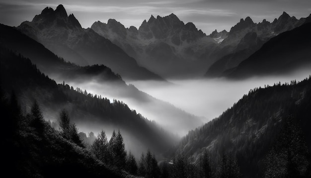 Photo majestic mountain range silhouetted against a dark foggy sky generated by artificial intelligence