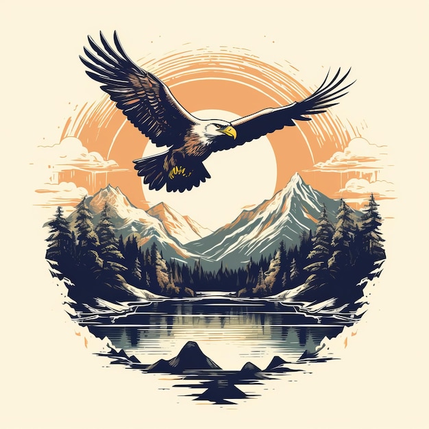 Majestic mountain range and soaring eagle vintage tshirt design