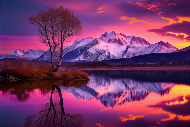 Majestic mountain range at sunrise with small lake and lone tree in foreground