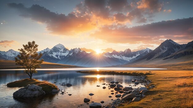 Majestic mountain range at sunrise with small lake and lone tree in foreground