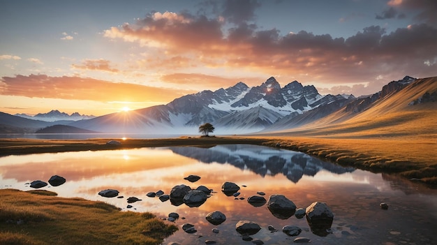 Majestic mountain range at sunrise with small lake and lone tree in foreground