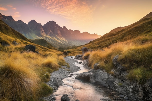 Majestic mountain range in sunset with a stream running through created with generative ai